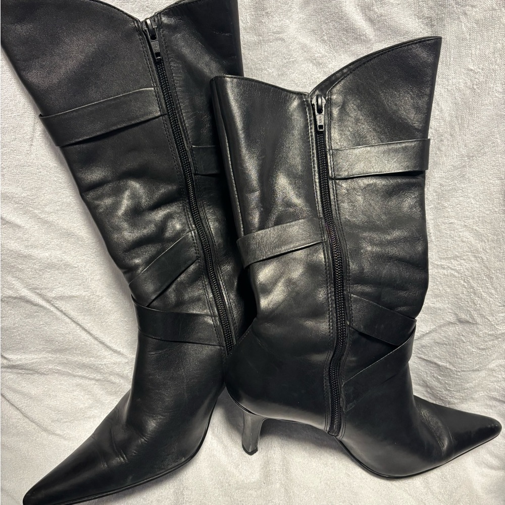 Black Pointed-Toe Mid-Calf Heeled Boots beautiful leather 3” heel. Forgot brand - Picture 2 of 4